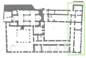 Planta del Monasterio de San Pedro de Montes con zona de actuación marcada en color verde.