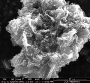 Láminas de grafeno obtenidas mediante reducción térmica orientadas al azar. Imagen de microscopia electrónica de barrido cedida por el INCAR-CSIC.